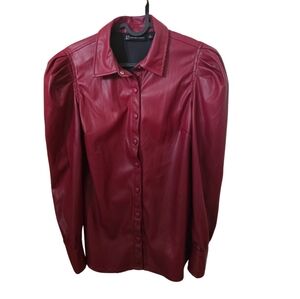 New York & Company Deep Burgundy Faux Leather Puff-Sleeve Button Front Top